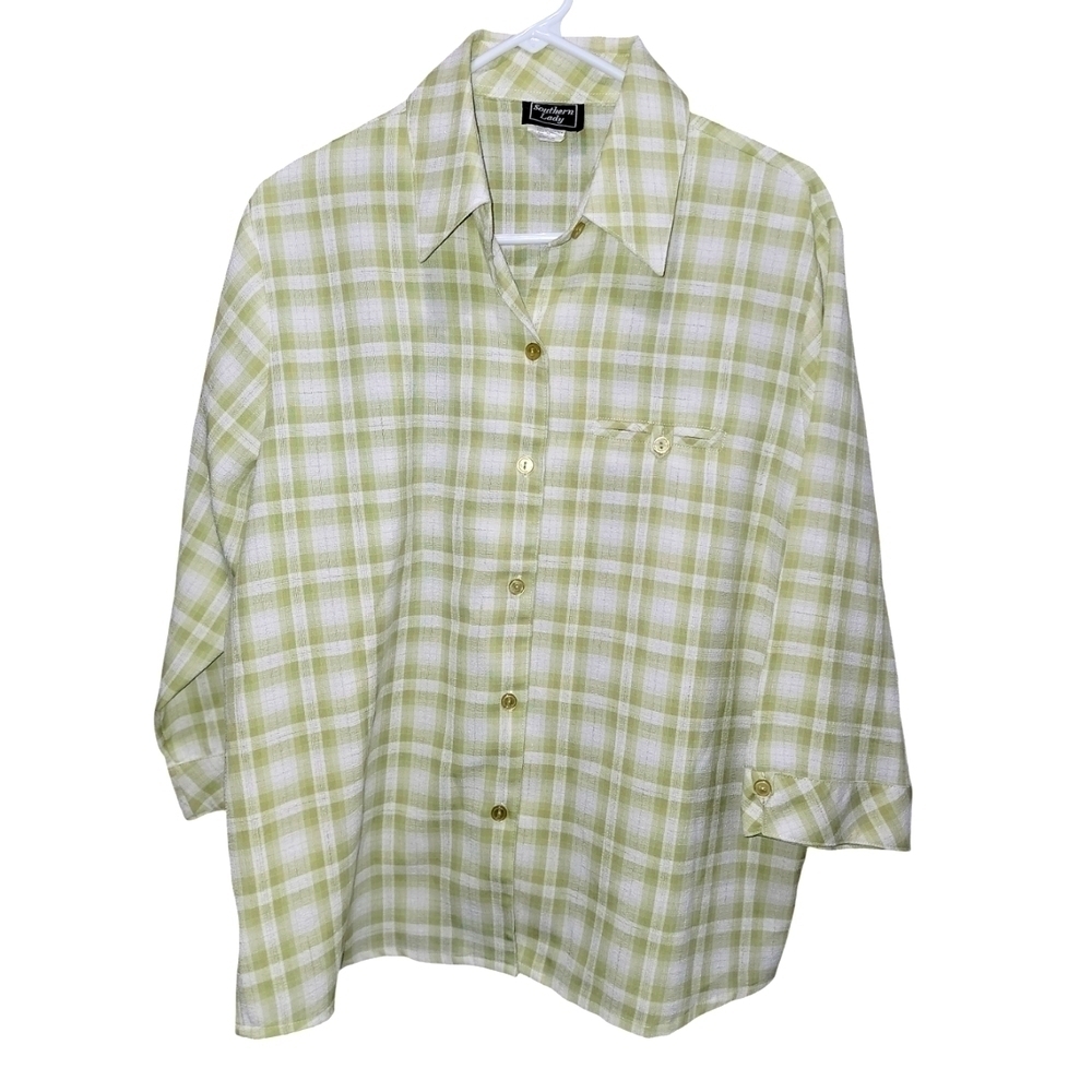 Southern lady size large button down 3/4 quarter sleeve top green & white plaid